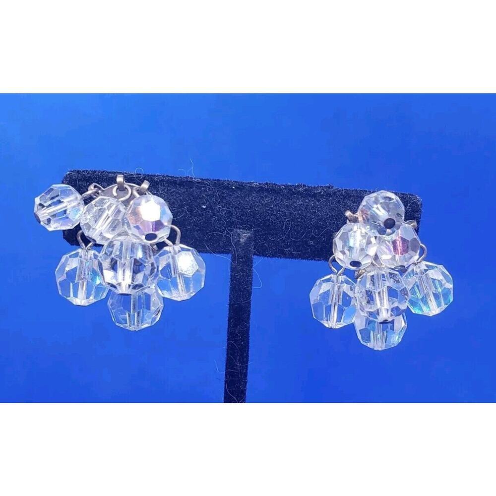 Vintage Earrings Clip Clear Faceted AB Crystal Dangle 1950 Fancy cha Cha Moves